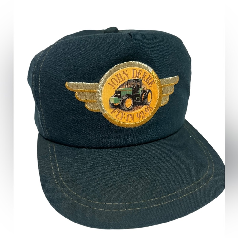 Vintage JOHN DEERE FLY-IN 92-93 Farmer Trucker Hat Cap golden wing Leather Strap